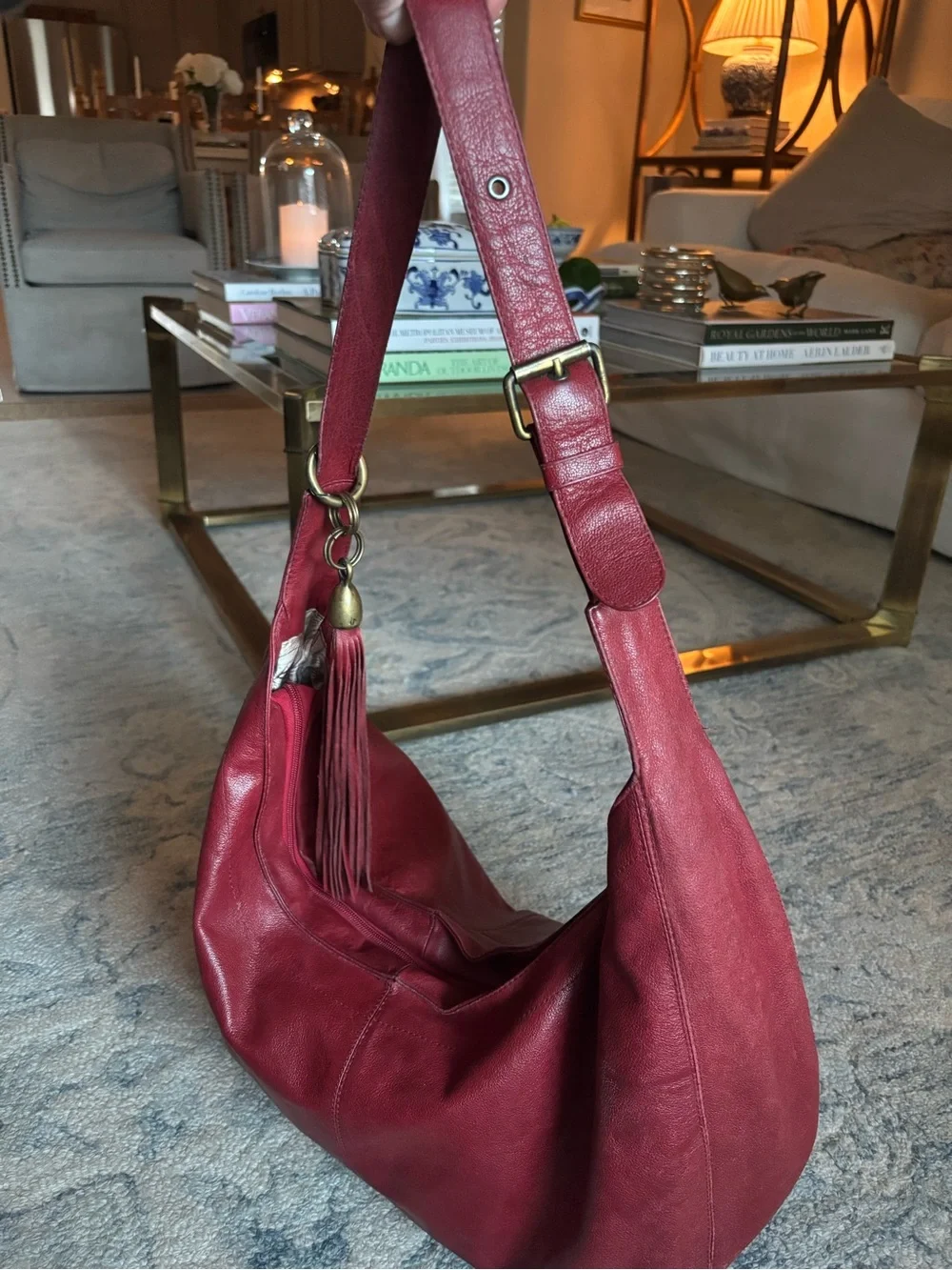 Vintage 90's Mussi Crimson Leather Shoulder Hobo Bag with Tassel